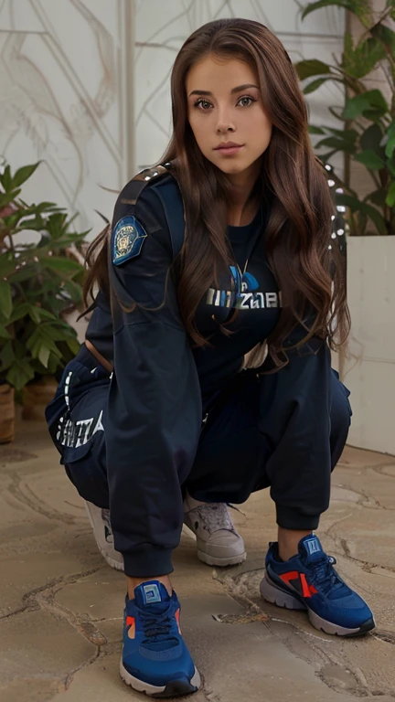 xoaeriel, a beautiful woman with wavy brown hair, ojos azules, nariz redonda, vistiendo ropa camufrada,uniforme militar,pantalon largo negro,((sin logo)),hiperealista