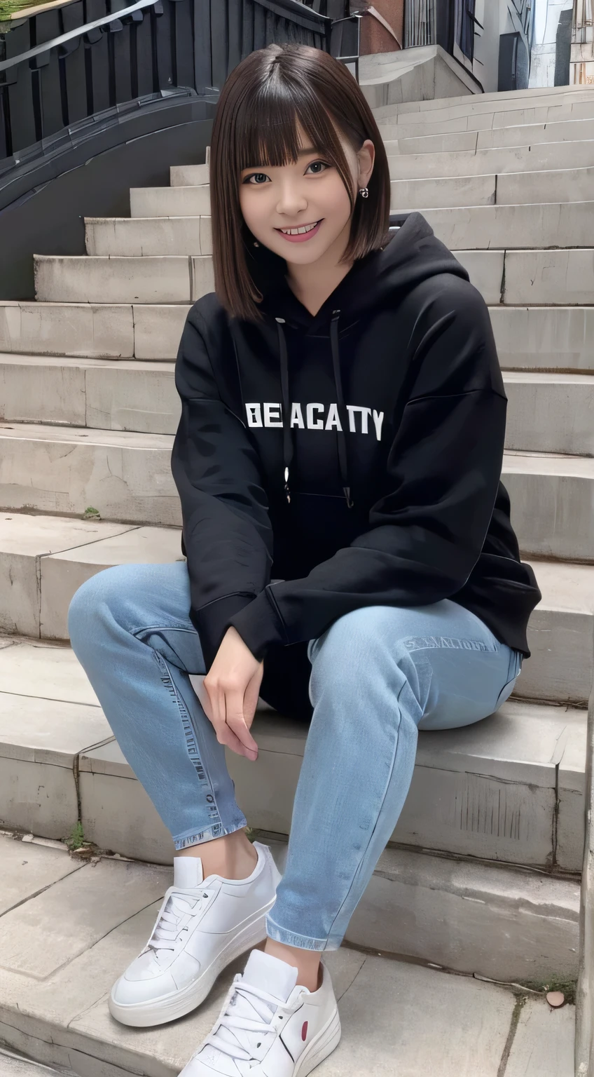 highest quality, Realistic, Very detailed, Finer details, High resolution, 8k wallpaper, One beautiful woman,Sit on the stairs、(Wear black socks)smile、(Beautiful teeth alignment、)(Gums are visible) Oversized hoodie, Skinny jeans,( Black sneakers)、Black Hair、 Beautiful Bangs、ear piercing、Perfect dynamic composition, Beautiful and detailed, Full Body Shot, A big smile