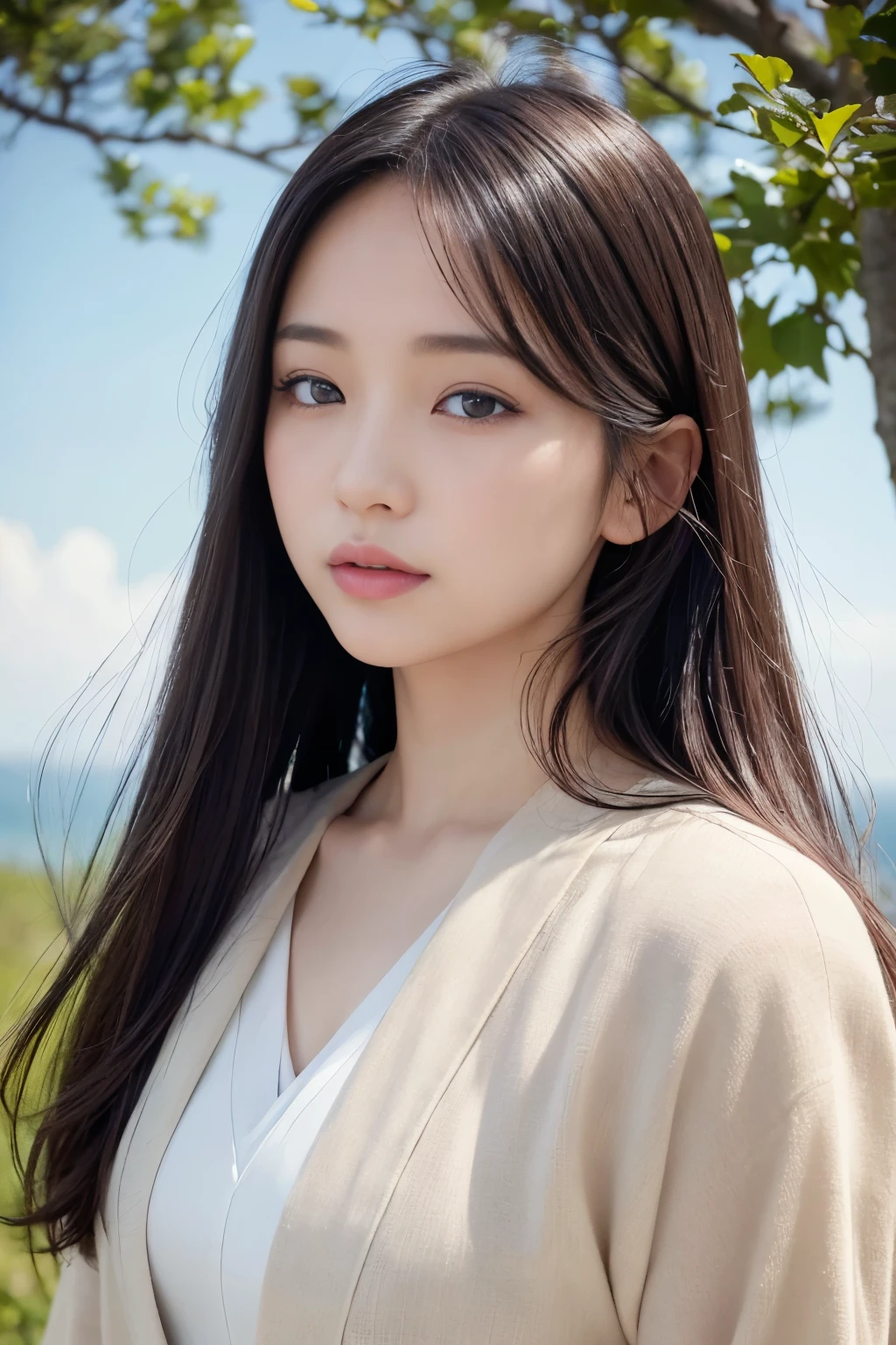 (highest quality, Very detailed, Realistic:1.37), Professional, Fine and beautiful eyes, Beautiful lip detail, Detailed facial features, Natural skin color, Perfect skin texture, Delicate expression, High-resolution images, Realistic face, Realistic skin, Real Face, Natural smile, Very detailedな髪, (Yuki), 20-year-old, (Calm Japanese female college student), Her slim figure and flowing hair、Sky background、In harmony with the natural beauty of the surrounding area。. The high-resolution image captures Very detailed realism, highlighting Yuki's captivating eyes, Delicate lips, and smooth skin tone. A stunning visual expression of tranquility and Japanese aesthetics.。.