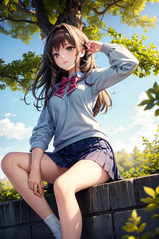 1girl, summer, village, trees, sun, clouds, ((colorful hair)), long hair, curly hair, ponytail, large breasts, button down shirt, ((blue checked shirt)), ((unbuttoned shirt)), cleavage 1:3, brown eyes, ((opened brown zipper jacket)), leather jacket, ((red black skirt)), smile, looking at the viewer, touching neck, standng, hair ribbon, golden necklate