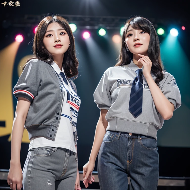 highest quality、Super detailed、Real:1.37、professional、Bright colors、Beautifully detailed eyes、Beautifully detailed lips、Highly detailed eyes and face、Long eyelashes、Two Girls、Portrait、photograph、(One girl is wearing a grey suit with a tie:1.37)、(The other girl is wearing jeans、T-shirts、Wearing a bomber jacket:1.37)、comedian、smile、conversation、Stand up microphone、(Two people standing on a small stage)