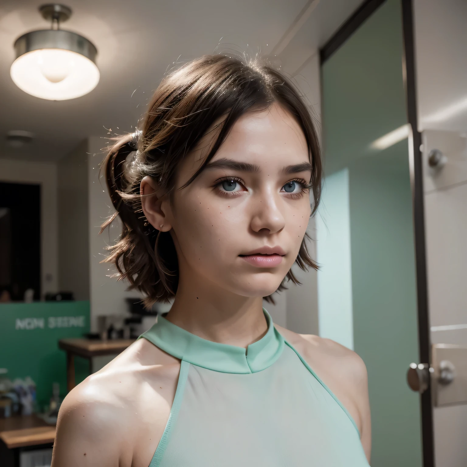 photo of a college student, in Imperial Green Jade Pink, futuristic space suit, (freckles:0.8) cute face, sci-fi, dystopian, detailed eyes, Heterochromia eyes((Side view))Back Room