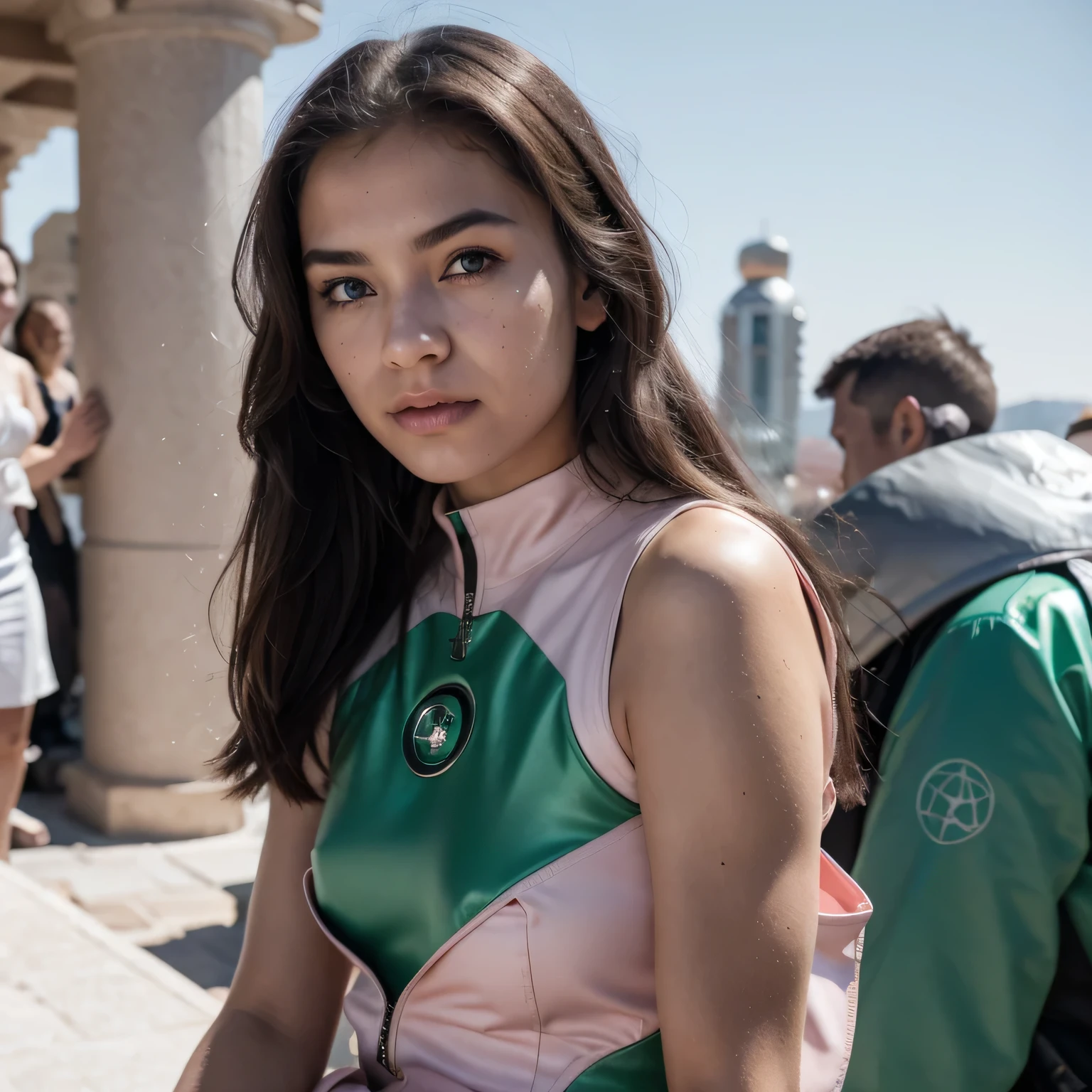 photo of a college student, in Imperial Green Jade Pink, futuristic space suit, (freckles:0.8) cute face, sci-fi, dystopian, detailed eyes, Heterochromia eyes((Side view))dune