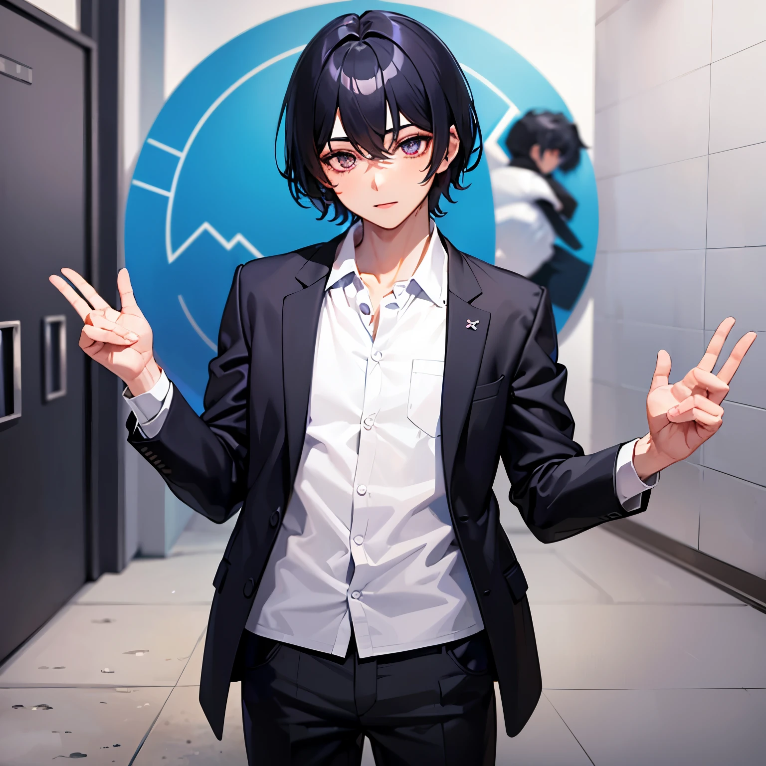 Un chico guapo con un ojo negro y otro azul casi blanco, cabello negro con mechas moradas feliz por entrar a una escuela.