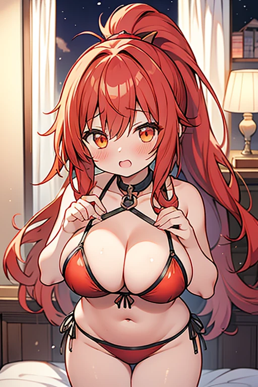 girl、high school student、Red hair、（（ponytail））、long hair、Orange Eyes、Thick thighs、（（G-Cup））、Make your breasts bigger、Blushing、Embarrassing、（（highest quality））、Anime Style、bikini、Bedroom、night、Dark Room