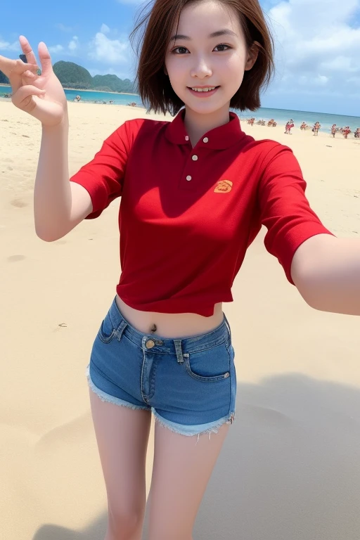 Vietnamese girl , 20 years old, Bana ethnic group of Vietnam, , red shirt , Jeans shorts, looking at the audience , Selfie , short hair , on the beach