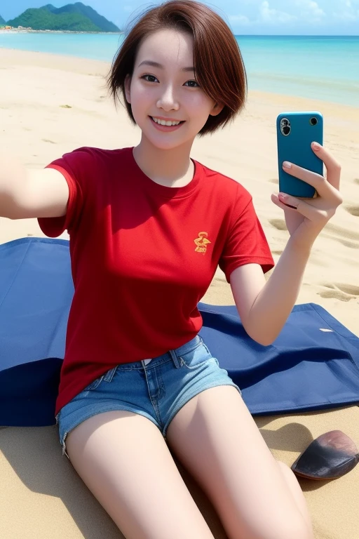 Vietnamese girl , 20 years old, Bana ethnic group of Vietnam, , red shirt , Jeans shorts, looking at the audience , Selfie , short hair , on the beach