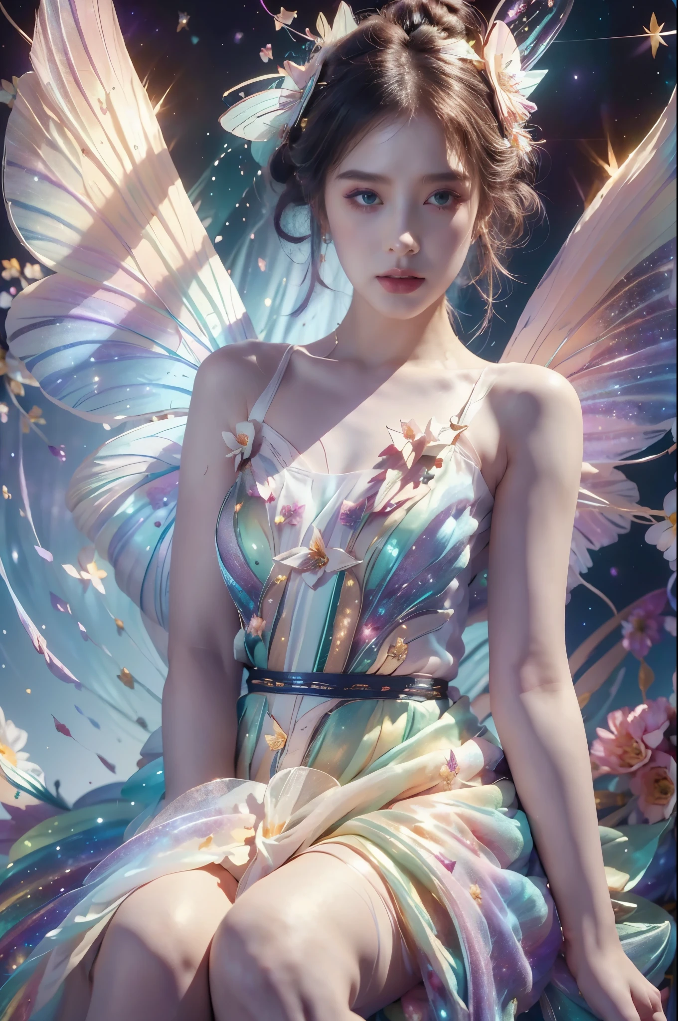 4k ultra high definition, masterpiece, A girl, good face, Delicate eyes, Delicate lips, Flower fairy girl, Big Wings, Transparent wings, Neon, (Galaxy Background:1.5), (Floral Dress:1.5), (green dress), in heaven, sitting,