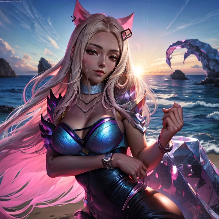 K/DA All Out Ahri, bem detalhado,  foco total na Ahri, Squeezing breasts with both hands, Bikini, na praia, deitada, mostrando o corpo todo, bastante sensual, durante o por do sol.