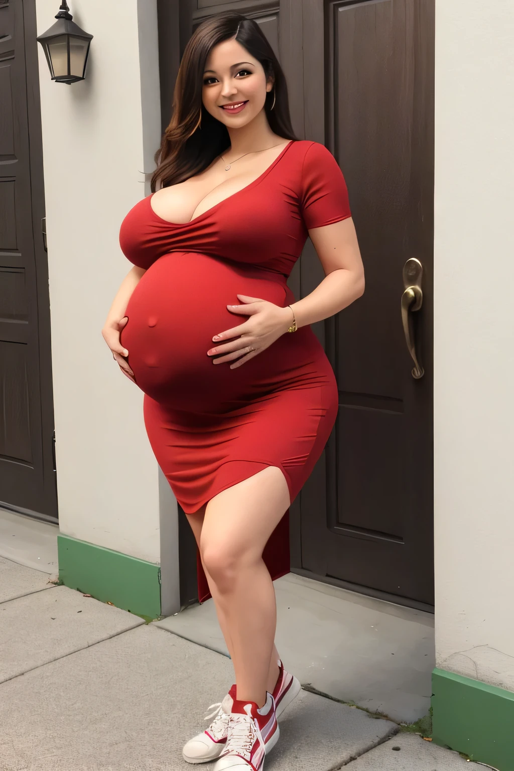 Masterpiece, a mature beautiful sexy pregnant woman with huge pregnant belly, smiling, looking at the camera, wearing a tight red straight dress with sneakers, big round breast, big hips, huge round buttocks and full body photo.