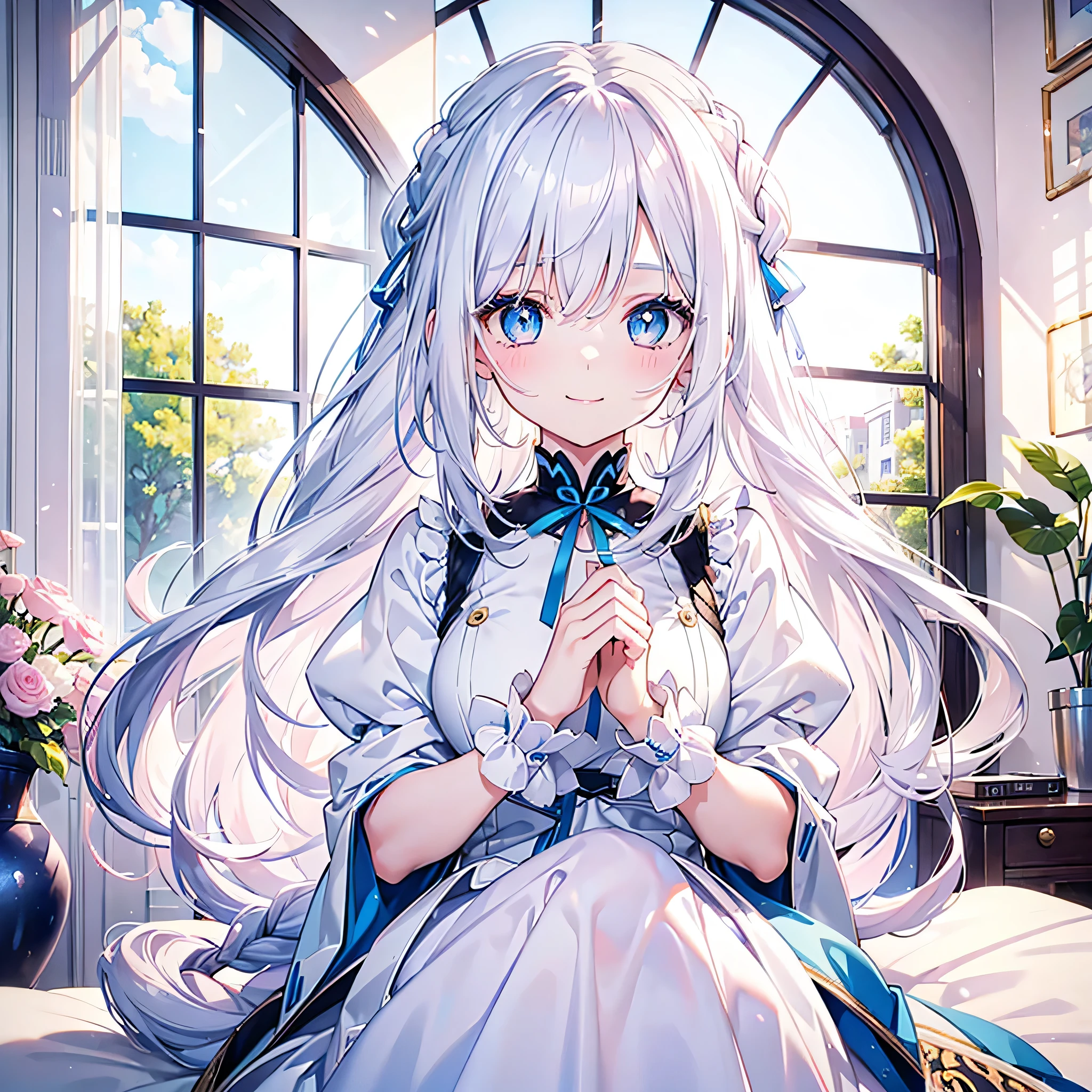 Just one person、Pretty woman with long white hair and blue eyes、Braid、20-year-old、Dainty and beautiful、Angel wings on the back、A big smile、Holding a white-furred, blue-eyed Siamese cat、Pink girly room