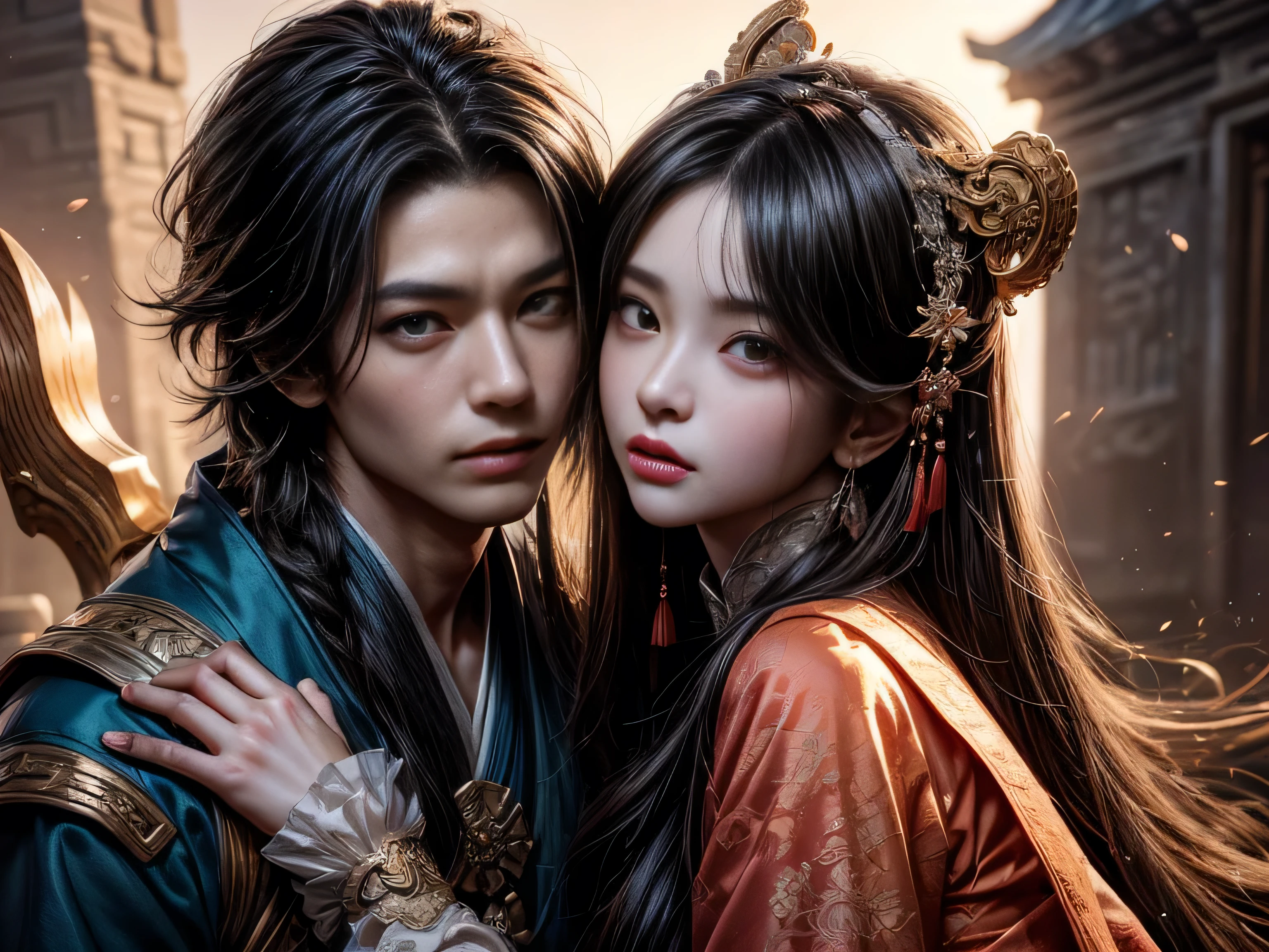 arafed image of a couple of asian man and woman hugging each other in Peach Garden, Peach Garden detailed background, xianxia fantasy, jingna zhang, game cg, wuxia, inspired by Chen Yifei, xianxia, xianxia hero, 2. 5 d cgi anime fantasy artwork, heise jinyao, chinese fantasy, beautiful render of tang dynasty, heise-lian yan fang, (perfect full face:1.5), (high detail:1.1), detailed character, detailed eyes, detailed hands, 4k best quality, 8k character details, high quality anime art, high quality illustration, detailed anime wallpapers, detailed anime art, hyper-realistic, elegant, high quality realistic anime art