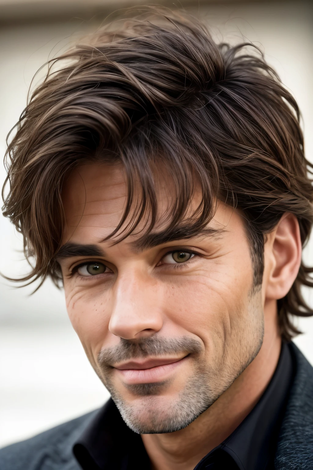 Ultrarealistic long full face and body image of a 43-year-old man with a lovely handsome face, capturing the audience's attention with deep hazel eyes that hold a mysterious allure. His black hair, graced with highlights, cascades gracefully onto his broad shoulders, adding an air of elegance and charm. Full lips curve into a slight smirk, revealing a captivating, yet slightly scowling expression.
The subject's face is adorned with a few moles, adding intriguing depth and character, while light freckles scatter playfully across his nose, lending a natural and youthful appearance. His handsome visage is a harmonious