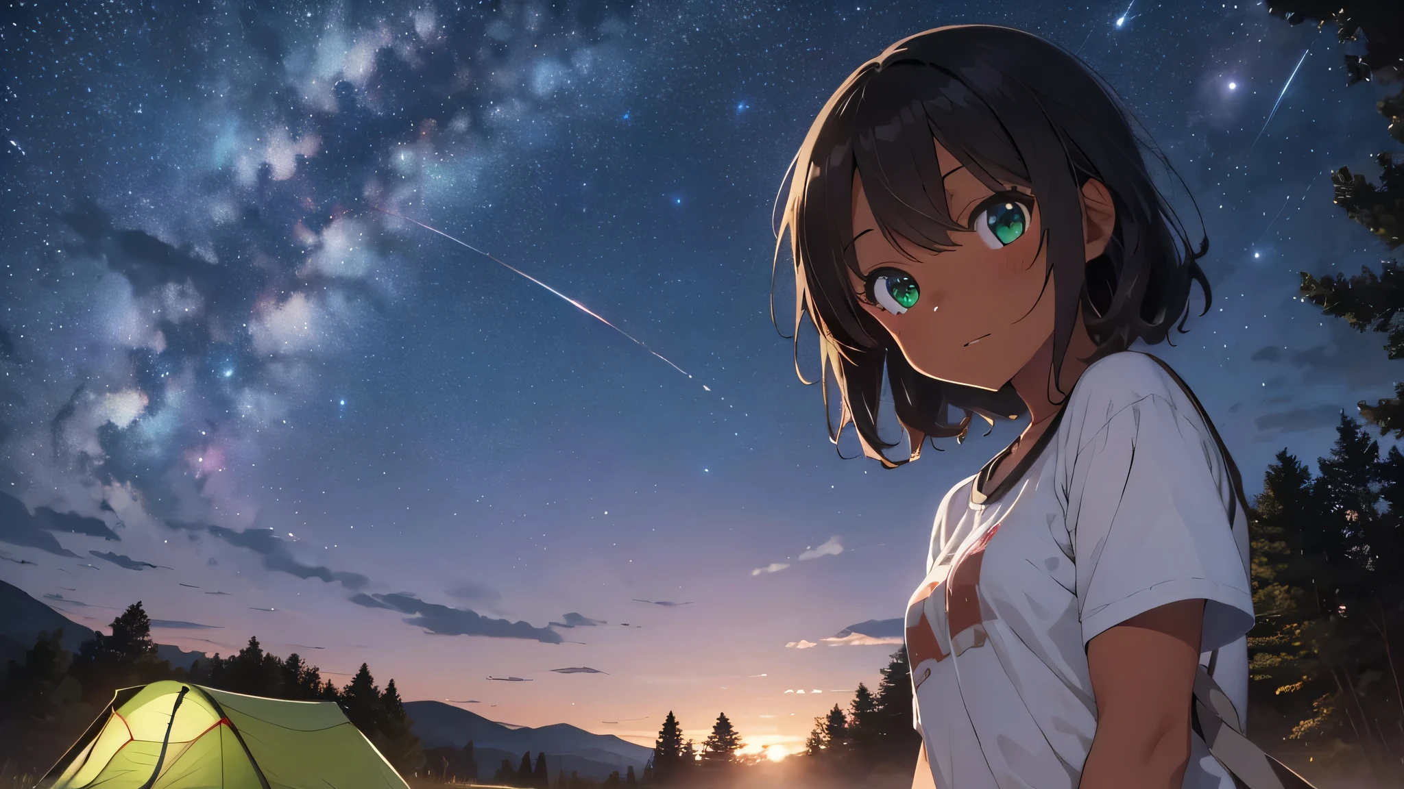 best god quality, Ultra-detailed, perfect Anatomy, Night time, (((NO SUNLIGHT))), (Draw a tomboy camping under the stars at night), 1girl, is a muscular tan girl, medium breasts, medium sized , cozy camping outfit, dark skin tomboy, tan lines, (dark skin*1.2), (short black + wavy hair*1.2), (camping clothes), Full limbs, complete fingers, groin, Beautiful green eyes, muscular tan tomboy, flustered face, outdoors clothing, under starry night sky, under night sky, High resolution, Best lighting by professional AI, Japanese countryside at night, camping at night, looking at viewer, (((One girl in middle))), (((SOLO))), (Japanese Night in background)