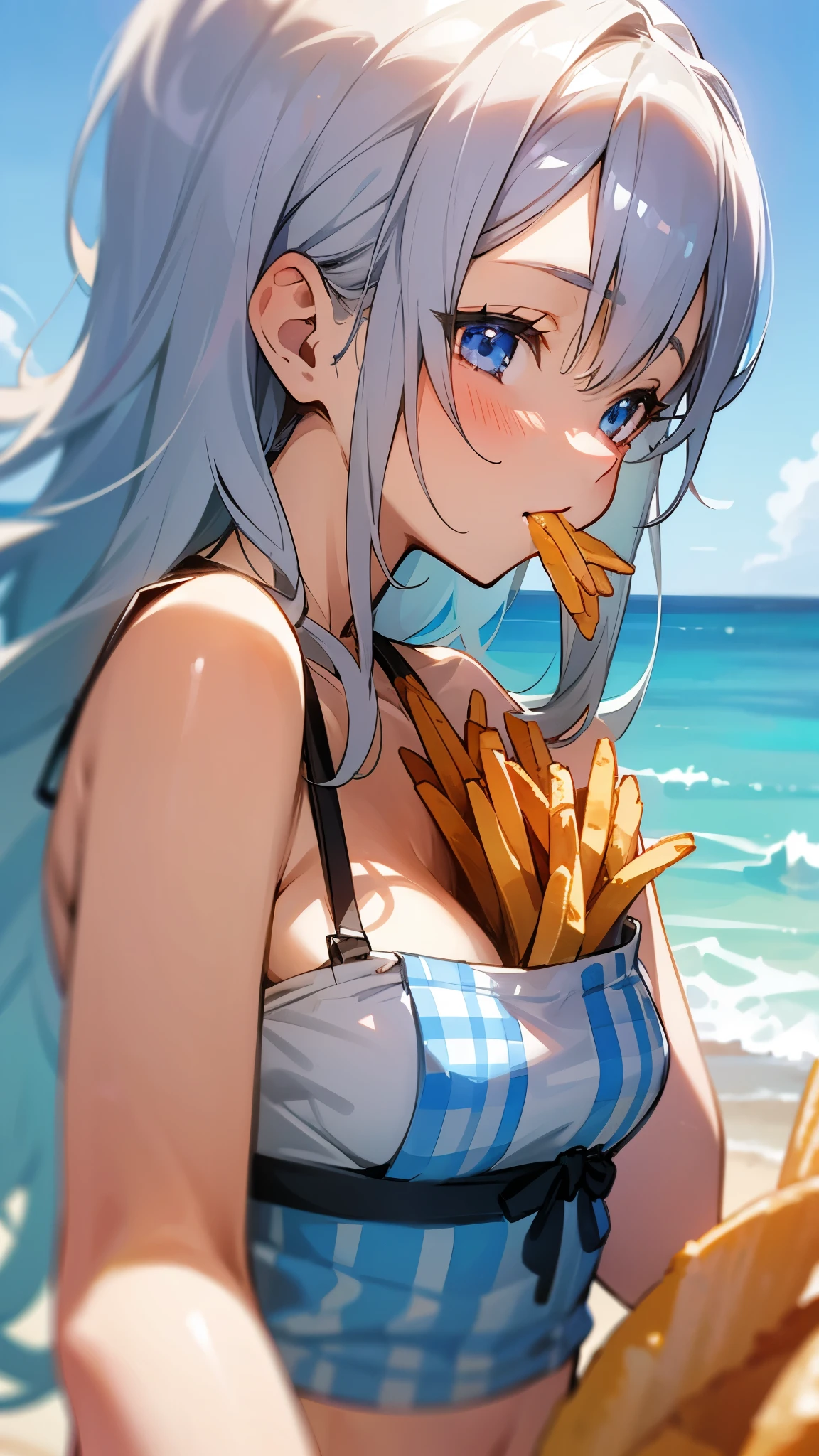 1 girl、Anime style painting、Silver Hair、Long Hair、Beautiful Blue Eyes、Vibrant colors、Strapless bra、Gingham check tube top bra、My chest is a little visible、smile、From the side、Eating French Fries、Upper body close-up、Sandy beach background、Sharp contours