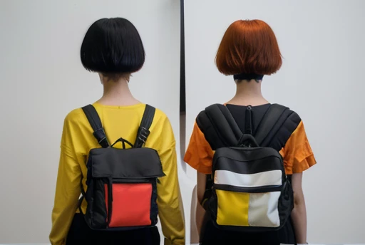 two pieces of luggage with a backpack and a backpack bag, inspired by Mondrian, square backpack, by Mondrian, inspired by Piet Mondrian, de stijl, rei kawakubo artwork, inspired by Bauhaus, bauhaus art, bags, ( ( ( bauhaus ) ) ), cubism style, art nouveaux