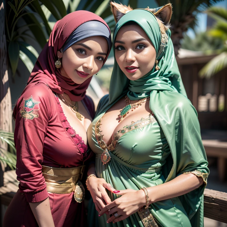 Malaysian girl pregnant 9 month ,malay, The whole body consists of a young girl with hijab, Eye makeup, 55 year old model, Cat ears, Soft lighting, Solo, Wear shabby clothes, Dirty, Tattered futuristic military uniform, Cat's paw badge, Pose, spot color, rendering by octane, Ultra-realistic intricate details, Cinematic, 8K resolution, 70mm, emphasis lightings, (((2 girls:1.5, girls standing))) Setting background: Basquiat graffiti wall background,Graffiti artist, urban walls, spray paint cans, bold colors, rebellious strokes, street gallery, artistic , night shadows, public expression, aerosol mastery, layered stencils, cultural messages, graffiti tags, creative risks, vibrant visuals, underground recognition, impactful designs, urban transformation. Art by Mschiffer, (((Woman with hijab style, hijab with sexy dress)), (lace stockings), (((Wearing: diamond necklace and earrings))). RAW photo, full sharp, detailed face (high detailed skin:1.2), 8k uhd, dslr, soft lighting, high quality, film grain, Fujifilm XT3, (extremely beautiful face, sexy lips, beautiful red lips, Clear eyes, beautiful eyes), (big green eyes), pretty girl, face forward, intricate detail face, ((ultra detailed skin)) (skin texture, film grain), Detailed beautiful face, natural tpose, natural facial expression, (((Straight breasts))), Surreal full-body figure, Beautiful and delicate body and face, gorgeous figure, ssmile, Titillating,Surreal full-body figure,Beautiful and detailed body and face, Super vista, White skin of the, vivd colour,🔥8k, masterpiece, RAW photo, best quality, (18k detail:1.2), photorealistic, extremely, deep shadow, earrings, bracelets, necklace,