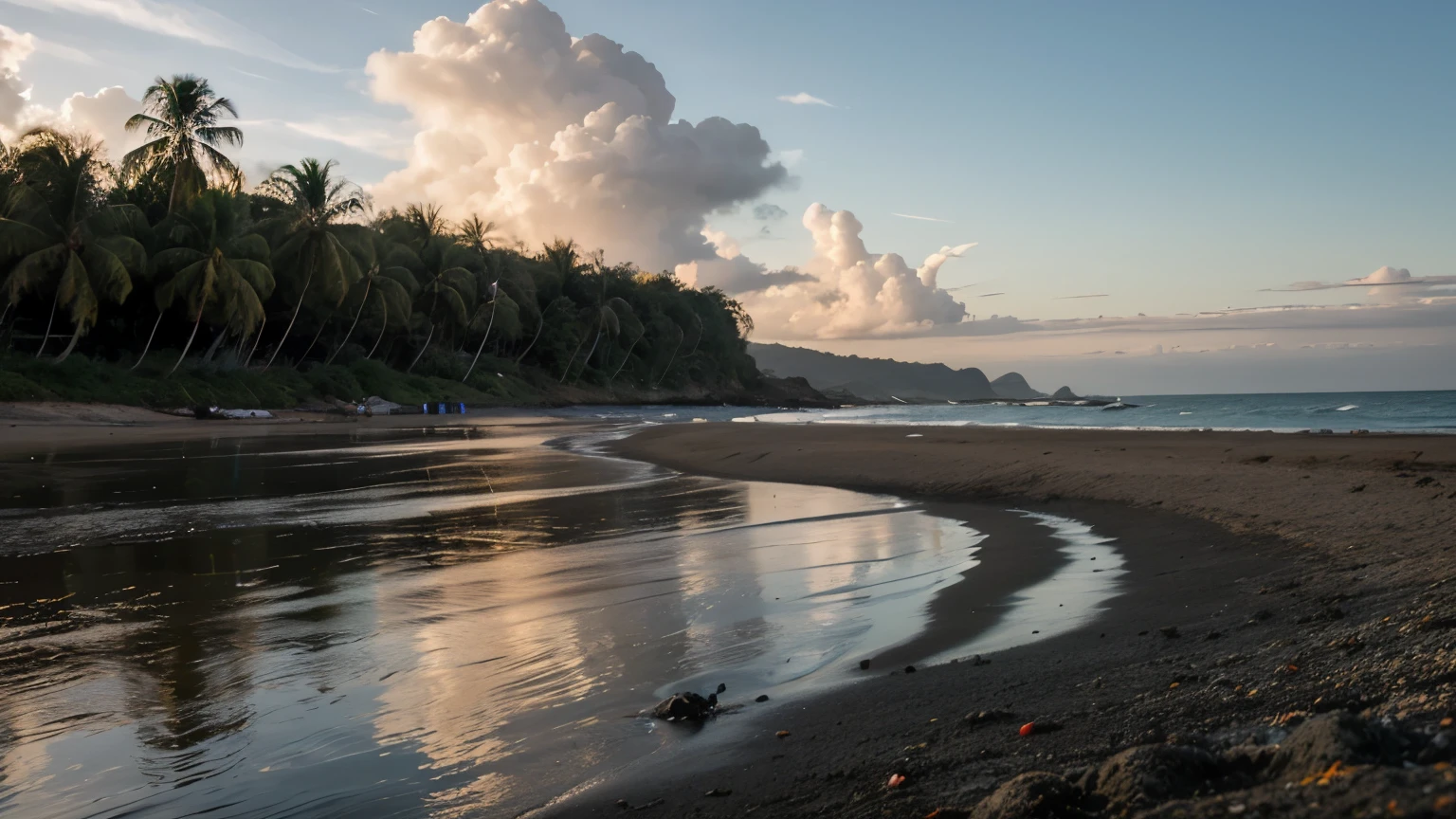 Glowing sea with bright clouds shining on a black sand beach with palm trees