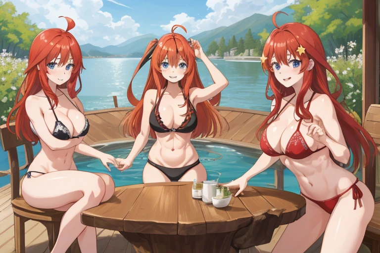 2d, masterpiece, best quality, anime, highly detailed, 5 girl, photo of 5 girl, quintuplets, nakano itsuki, red hair, long hair, star hair ornament, ahoge, large breasts, standing, open-air bath, red bikini, outdoors, smile, abdominal, abs muscular, belly button, side breasts, back muscles, sitting crossed legs, big table filled with quintuplets surrounded by, t-back thong, sexy body, perfect body, pier at the cabin lake