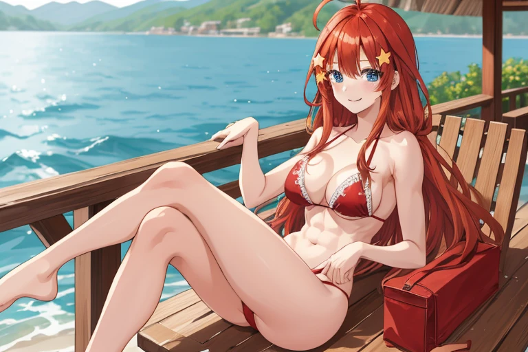 2d, masterpiece, best quality, anime, highly detailed, 5 girl, photo of 5 girl, quintuplets, nakano itsuki, red hair, long hair, star hair ornament, ahoge, large breasts, standing, open-air bath, red bikini, outdoors, smile, abdominal, abs muscular, belly button, side breasts, back muscles, sitting crossed legs, big table filled with quintuplets surrounded by, t-back thong, sexy body, perfect body, pier at the cabin lake