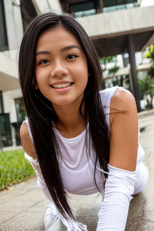 Young sweet beautiful Indonesian girl, 24 years old, slim body, bright beautiful eyes, georgeus face, wet wavy black  short hairs, wearing wet  long sleeve unbuttoned thin jacket, wearing wet white see through transparent tank top strict  low neck t-shirt, wearing wet white mini string skirt, no bra, realistic, very detail, no cartoon, all fingers have normal shape,  lying down look like crazy girl on sidewalk,  body  enjoying having  sex, orgasm face, open very wide mouth, half open eyes, wear white sport shoes, from top head to toes visible,