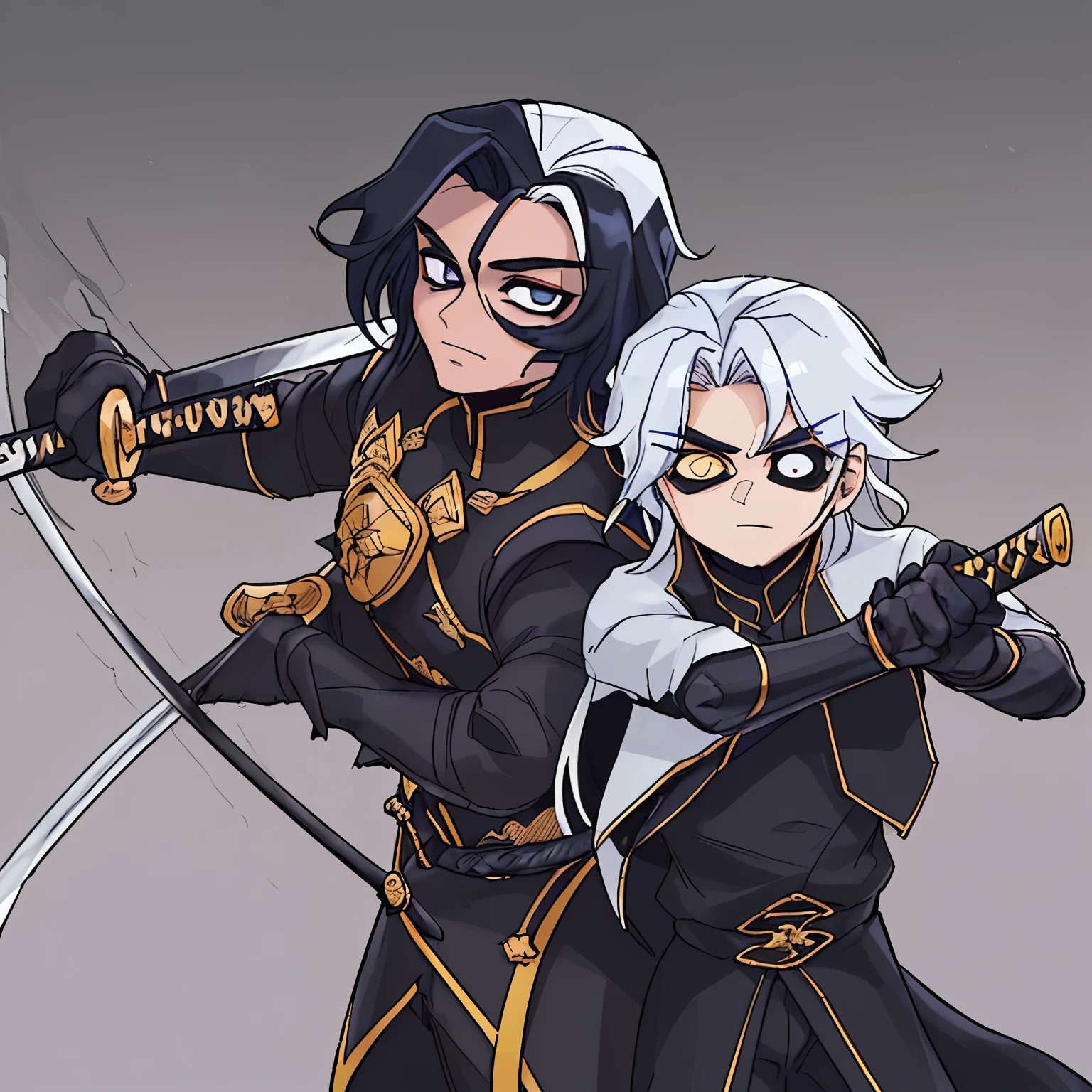 Homen de cabelos brancos com olhos vermelhos e uma venda preta na frente dos olhos, usando um terno preto, black gloves on both hands, katana na cintura e um corvo no ombro esquerdo; lua cheia; noites estrelada