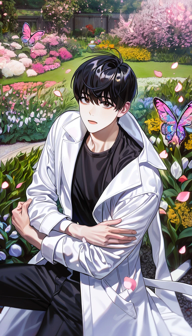 (absurdres, highres, ultra detailed, HDR) master piece, best quality, perfect face, Kim Dokja, black hair, expressive brown eyes, Omniscient reader's viewpoint, solo, sexy man, handsome, white coat, black shirt, black pants, garden, petals, pink butterflies