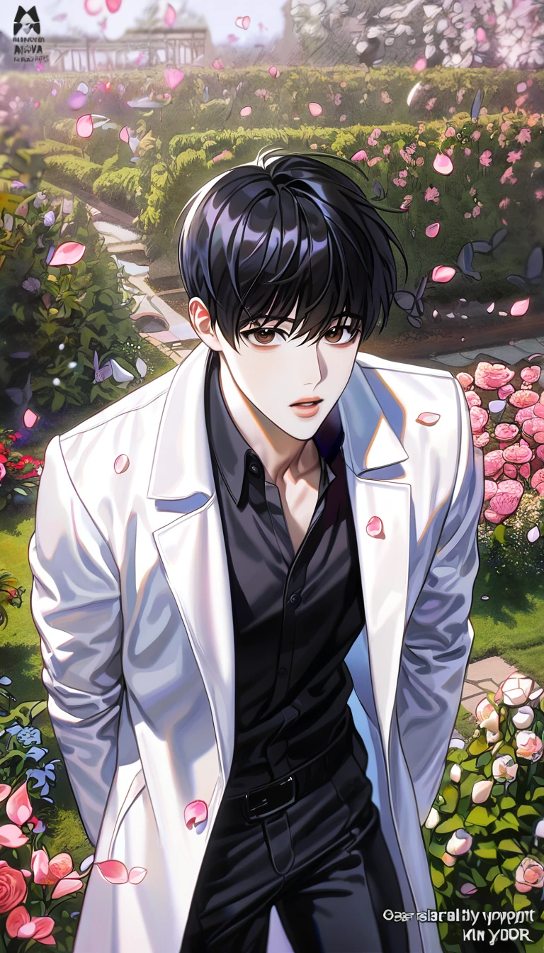 (absurdres, highres, ultra detailed, HDR) master piece, best quality, perfect face, Kim Dokja, black hair, expressive brown eyes, Omniscient reader's viewpoint, solo, sexy man, handsome, white coat, black shirt, black pants, garden, petals, pink butterflies