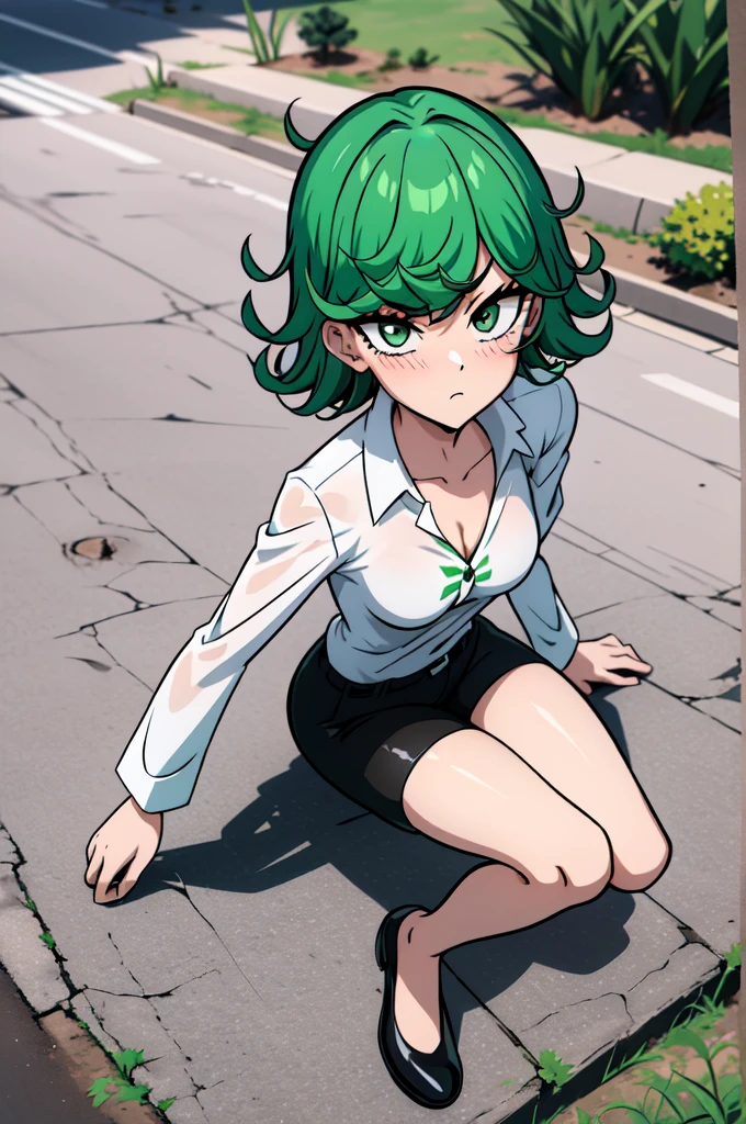 absurdres, highres, ultra detailed, tatsumakitornado, short green hair, curly hair, white shirt, black shorts,office outfit,outdoors, green eyes ,full body ,looking up at veiwer, blushing ,laying on the ground with her legs cross