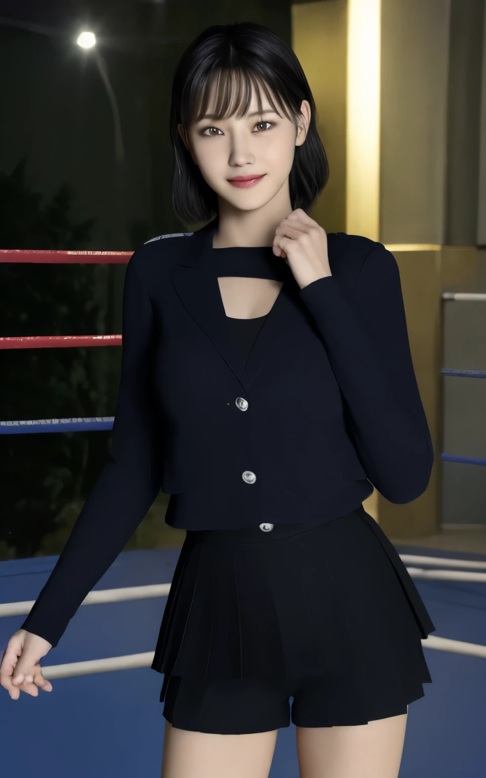 ((highest quality, 8k, masterpiece: 1.3)), sharp: 1.2, Perfect body beauty: 1.4, スリムな腹logic: 1.2, ((Layered Hairstyles, big: 1.2)), Wet: 1.5, Highly detailed face and skin texture, fine grain, double eyelid, Looking at the camera, Short black hair, smile, discovery, strong, logic, Sweat, (wrestling: 1.2), Starlight Kid