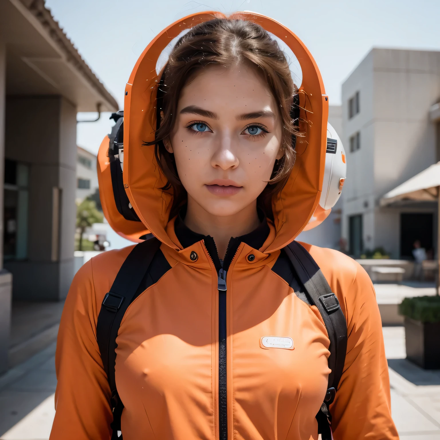 photo of a college student, in Bright Orange Pink, futuristic space suit, (freckles:0.8) cute face, sci-fi, dystopian, detailed eyes, Heterochromia eyes（（Side view））