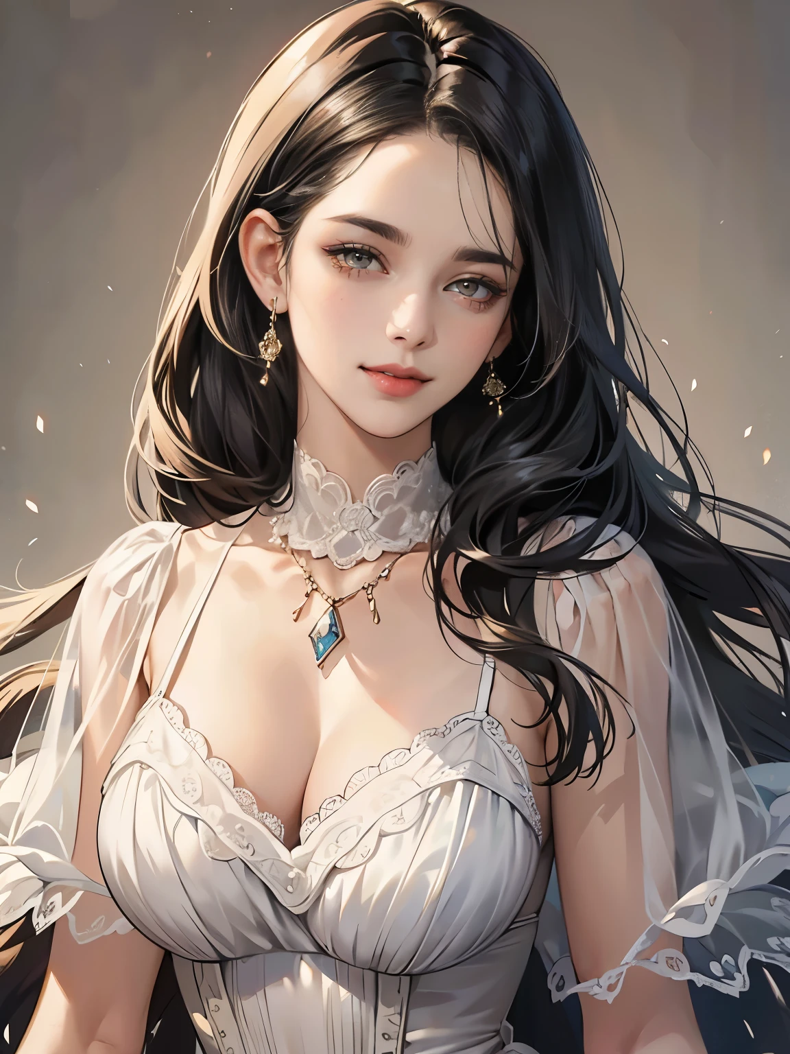 masterpiece, best quality, realistic, 1woman, no smile and charming young woman, 30 year old, happy look, portrait, extremely detailed face, White eyes color, [thick eyebrow] Beautiful, full body, western, Jewish, smile face, red lips, jewelry, Necklace, big , masterpiece, best quality, realistic, one mature female, extremely detailed face, ((length black hair)), slender, Extremely delicate and elegant face, Sexy and feminine, cinematic lighting, no makeup, Victorian era, (whole portrait), wearing white lingerie, add bangs hair, look at viewer, white lingerie, night background, smile, smile lips