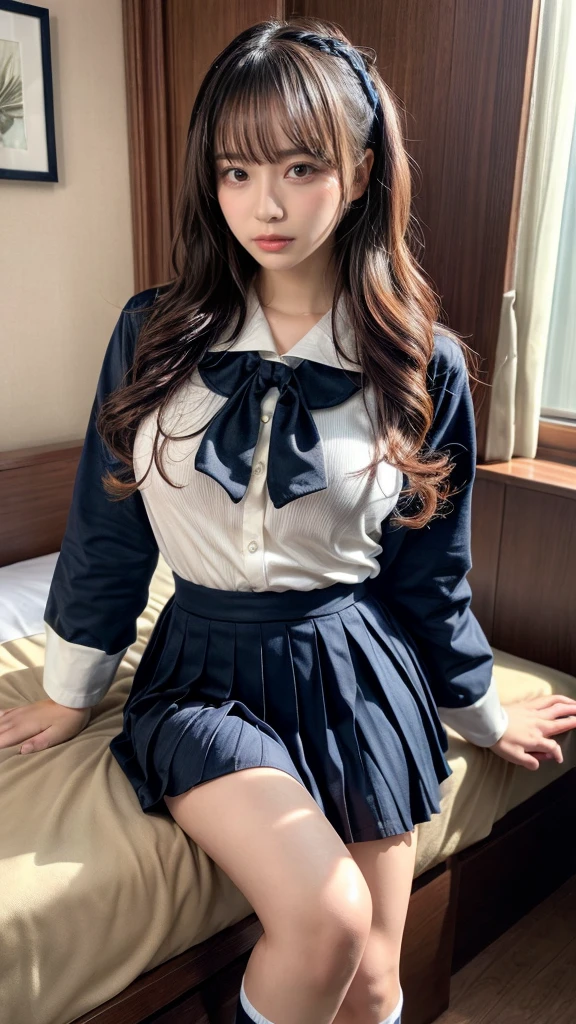 muste piece, best quality, illustration, Super detailed, fine details, High resolution, 8K,wall paper, perfect dynamic composition,(Details High quality, realistic depiction of eyes:1.3), (wavy hair:1.2), (Black Sailor Uniform, serafuku, Navy pleated skirt), (nup, see through, wet:1.2), huge breasts, black hair color, Big Natural Color Lip, bold sexy pose, crying a little、cold gaze, Harajuku style、20 year old girl、cute type、ta、beautiful legs, hotel room, full body photo、focus on crotch, hposing Gravure Idol