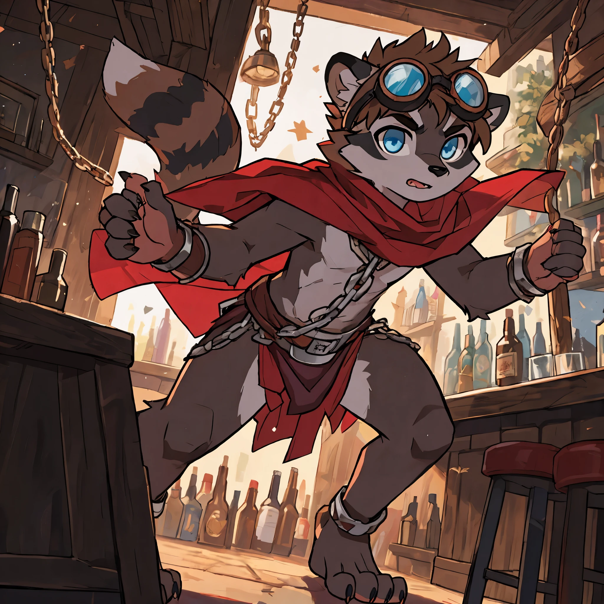 no lighting, deep shadow, dynamic angle, masterpiece, high quality, hi res, solo, young Furry, furry, young, raccoon, spiked brown hair only on head, red scarf, blue eyes, goggles, chain harness, Black loincloth, red cape, masterpiece, detail body, fur all over body, detailed face, detailed eyes, detailed hands, Skinny, claws, high resolution, metal cuffs on wrists, metal cuffs on ankles, no shirt, no underwear, crowded bar, frustrated