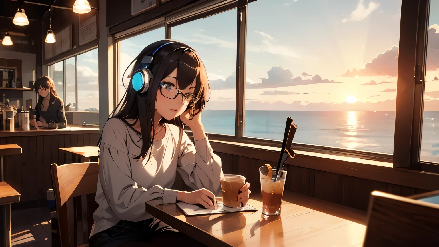 You act to achieve the goal of "a cafe on a hilltop with a view of the ocean, a girl with headphones watching the sunset, wearing long sleeves and working on a computer, with an 80's anime style and city pop culture vibe with a hint of ennui." Please.
# Theme:.
- Working in a cafe
# Constraints:.
- Cafe has a hill and a view of the ocean
- Cafe has counter seats with a view of the ocean
- Sitting at the counter of the café and working
- Working at the cafe with a view of the sunset
- The girl is wearing headphones.
- The girl is wearing long sleeves.
- The girl wears long sleeves. The girl wears glasses.
- She uses a PC to do her work.
- The girl's style resembles 80's anime.
- Atmosphere has city pop culture
- The girl's mood is ennui.
# Assumptions:.
- The cafe is located on top of a hill.
- The cafe has a view of the ocean.
- The girl is at the café at sunset.
- The girl brings her own PC.
- The interior and music of the café are in the style of 80's anime.
- The atmosphere of the café reflects the city pop culture.
# Rules:.
- Rules: Seats in the café face the hill.
- The sunset is seen from the window of the café during the sunset time.
- The girl is listening to music while working because she is wearing headphones
- The girl wears long sleeves to adjust the temperature in the café.
- The girl wears glasses, so she avoids obstructing her vision while working.
- The café needs a power supply and Wi-Fi because the work is done using a PC.
- The decor and music of the café should incorporate 80's anime style, so be careful with posters and music choices
- The atmosphere of the café will reflect city pop culture, so be creative with lighting and interior design
- Minimize staff interaction and contact with other customers because of the girl's ennui atmosphere
# Variables:.
- Cafe Name
- Name of the girl
- Menu of the café
- Title of the animation you are working on
- Title of the city pop song
- Description of the girl's work
- Characteristics of the girl's