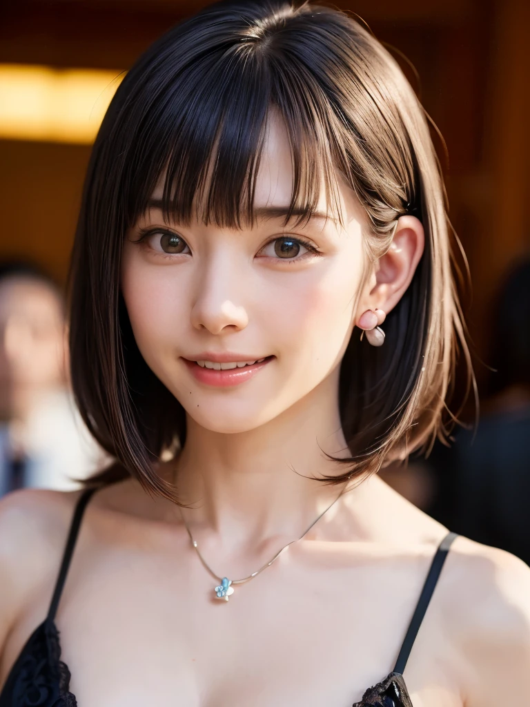 ((masterpiece, highest quality)),1 girl, alone,have, hyper realistic, realistic,realistic, looking at the viewer, Very light brown eyes:1.6,Highly detailed shiny hair brunette short bob hairstyle:1.6, Brightly colored winter clothes, lips, bangs,closed mouth, Upper body、Big eyes、eyelash、({Huge|big|Huge|mega} chest:2, cleavage:2)、(((short hair with bangs:1.6、short hair:1.6、Big eyes、A major highlight for students、large full chest、look at the audience、She is very beautiful and cute、show me your ears、long neck、please close your mouth and smile、beautiful teeth、bangs:1.6)))、ideal body proportions、(very simple red background:2)