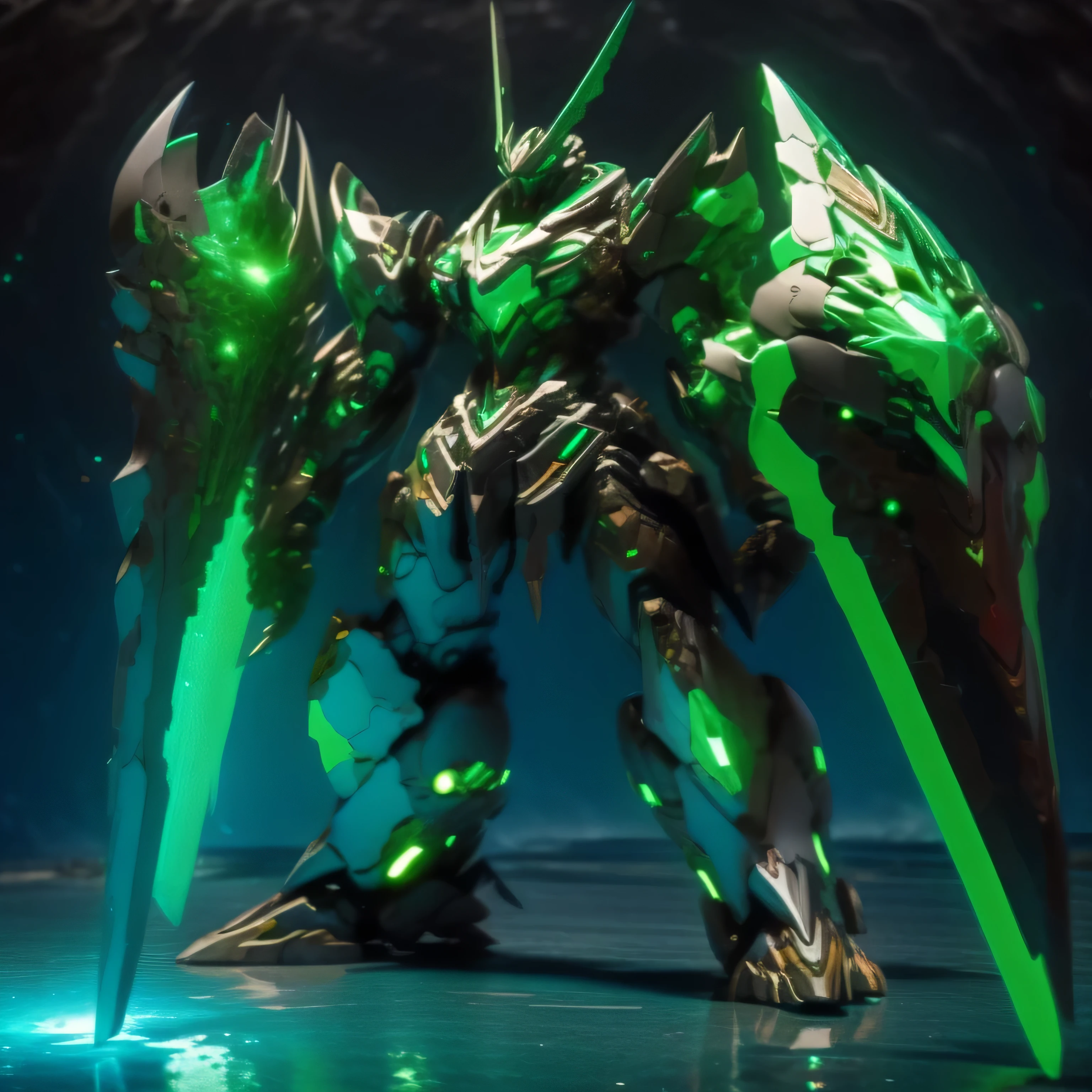 Full Body, Green, SeaTurtle, Robot, Ocean, Shield Arms, Symmetrical, Glowing Weapon, Round