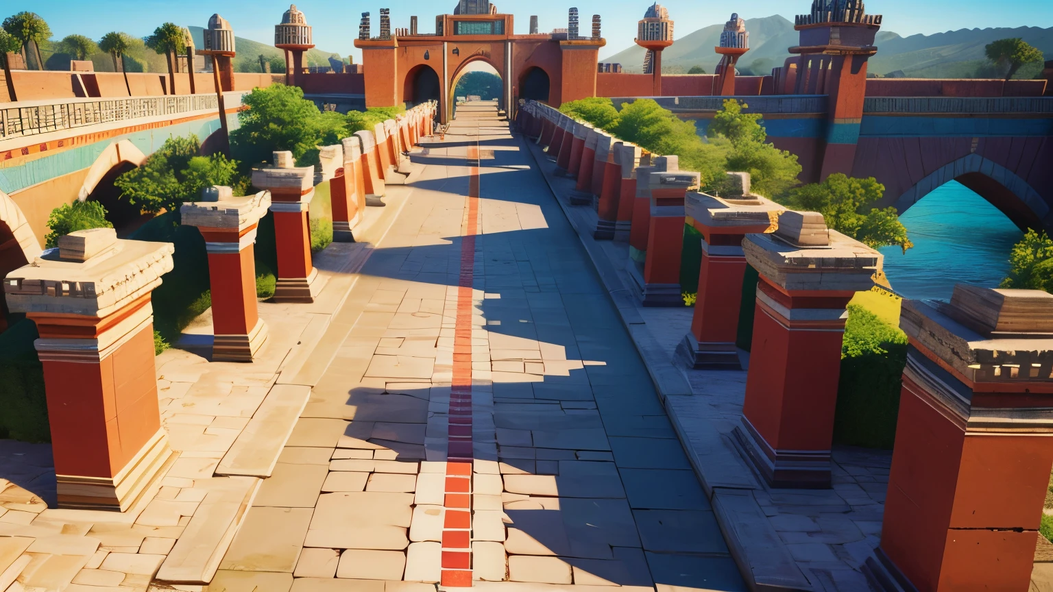 drone shot, Enter a world of color and culture with this 3D image of an Aztec esplanade, featuring impressive mosaics and sculptures from the year 1455.