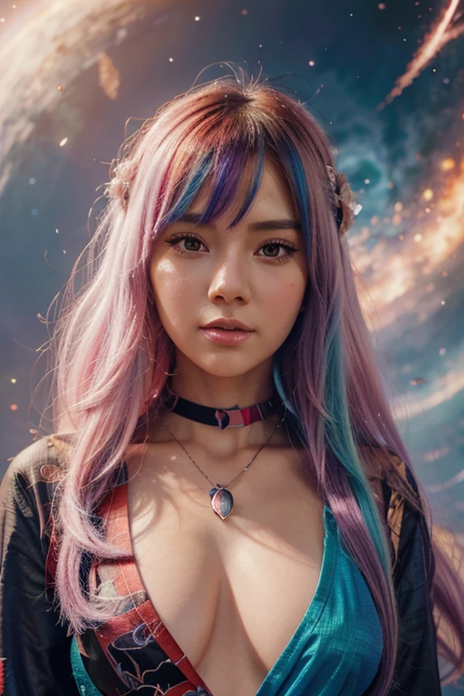 Close-up of a woman with colorful hair and necklace, anime girl with cosmic hair, soft vitality of Rossdraws, artwork in Guvez style, fantasy art style, colorful], vibrant fantasy style, Rossdraws cartoon full of vitality, cosmic and colorful, Guweiz, colorful digital fantasy art, stunning art style, beautiful anime style, white skin, Spider-Man costume,