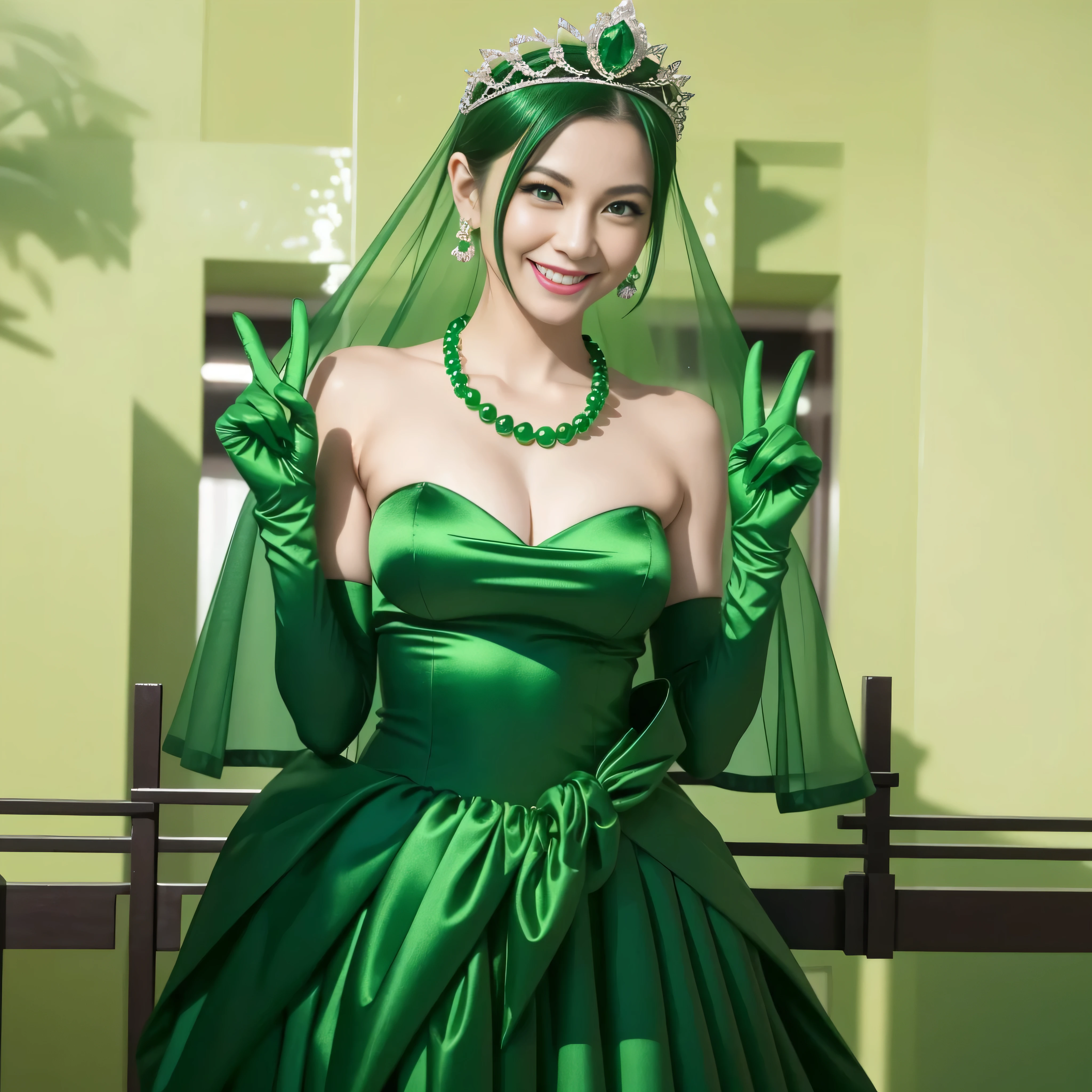 Emerald tiara, Green Pearl Necklace, Boyish very short green hair, lipstick, Smiling Japanese woman, Very short hair, Big tits beautiful, Green Eyes, Long green satin gloves, Green Eyes, v sign, Emerald Earrings, Green Veil
