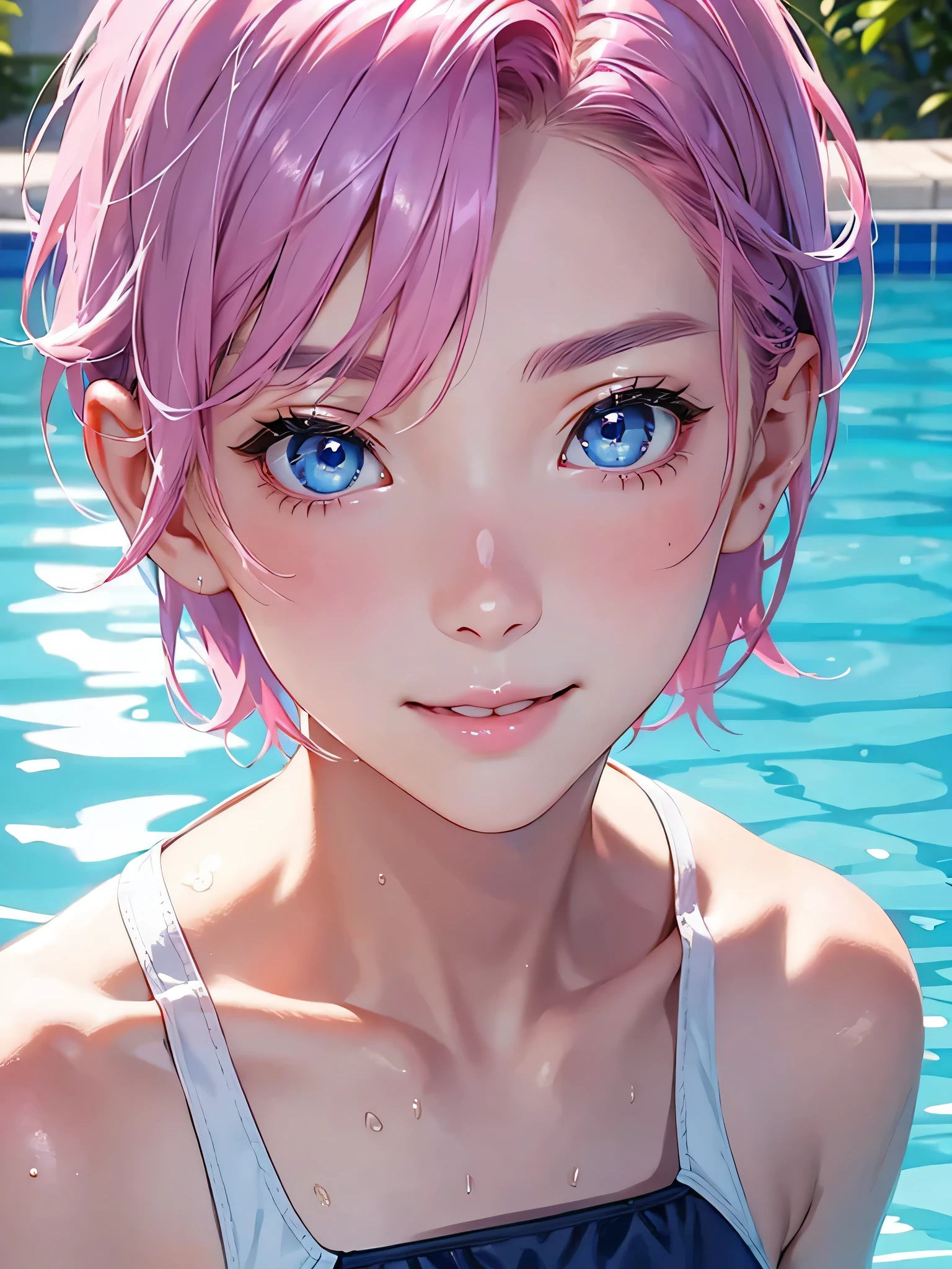 highest quality、Realistic、girl、Japanese、zoom、look up、cute、smile、Pool、Blue Eyes、Pink hair、Very Short Hair、Competitive swimming suits、Wet Skin、slender、Small breasts、Face close-up