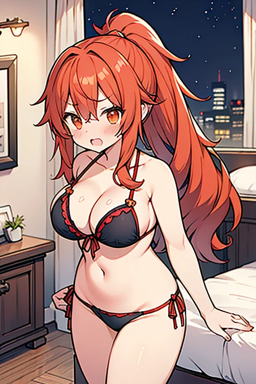 girl、high 、Red hair、（（ponytail））、long hair、Orange Eyes、Thick thighs、（（G-Cup））、Make your breasts bigger、Blushing、Embarrassing、（（highest quality））、Anime Style、bikini、Bedroom、night、Dark Room、advance