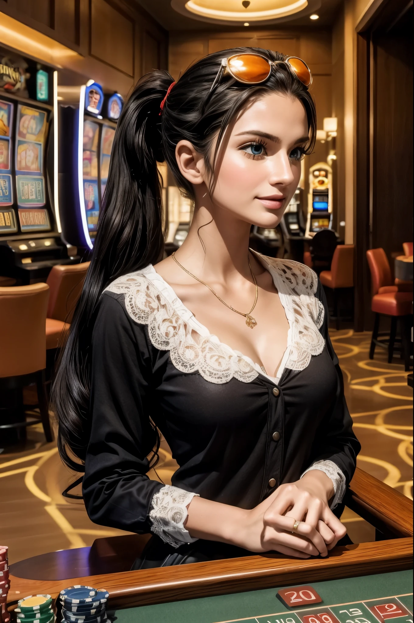 masterpiece, best quality, extremely detailed, hyperrealistic:1.1, photorealistic, a beautiful 20s russian model, ultra detailed face:1.1, twintails:1.1, black hair, black long sleeve shirt, sunglasses on head:1.1, casino:1.2, slot machines, roulette table, chips piled up on the table, sitting, smiling:1.1