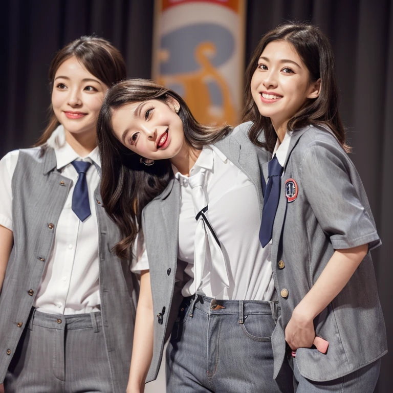highest quality、Super detailed、Real:1.37、professional、Bright colors、Beautifully detailed eyes、Beautifully detailed lips、Highly detailed eyes and face、Long eyelashes、Two Girls、Portrait、photograph、(Two Girlsは全く違う服を着ている:1.4）、(One girl is wearing a grey suit with a white shirt and tie:1.37)、(The other girl is wearing jeans、T-shirts、japanese souvenir jacketを着ています:1.37)、comedian、smile、conversation、Stand up microphone、(Two people standing on a small stage)