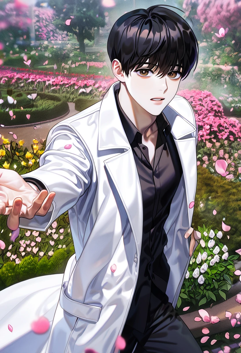 (absurdres, highres, ultra detailed, HDR) master piece, best quality, perfect face, Kim Dokja, black hair, expressive brown eyes, Omniscient reader's viewpoint, solo, sexy man, handsome, white coat, black shirt, black pants, garden, petals, pink butterflies