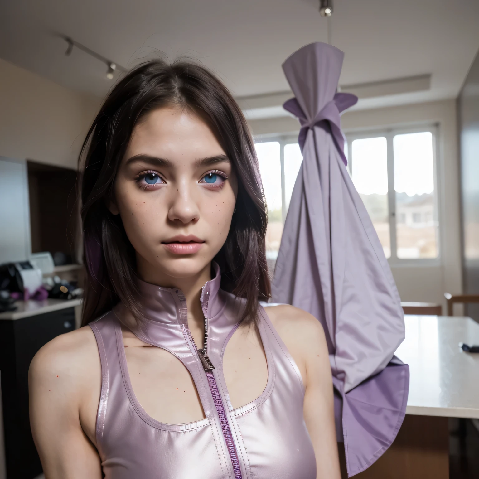 photo of a college student, Purple-Pink Gradient, futuristic space suit, (freckles:0.8) cute face, sci-fi, dystopian, detailed eyes, Heterochromia eyes（（Side view））Back Room