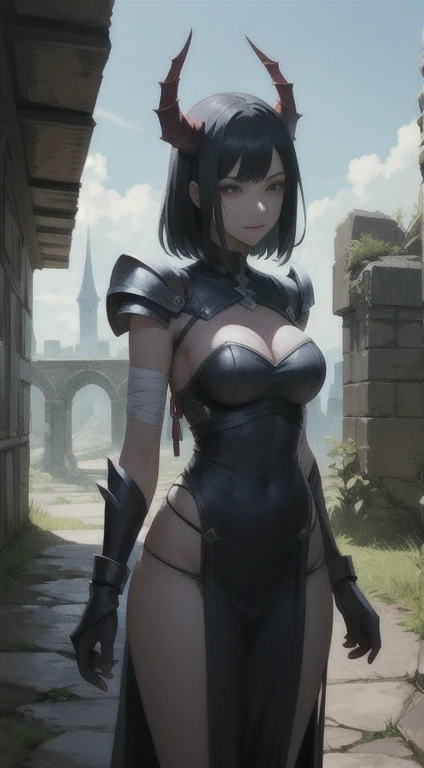 Fortress ruins, mutated, elder devil, female creature, armor, bandages,