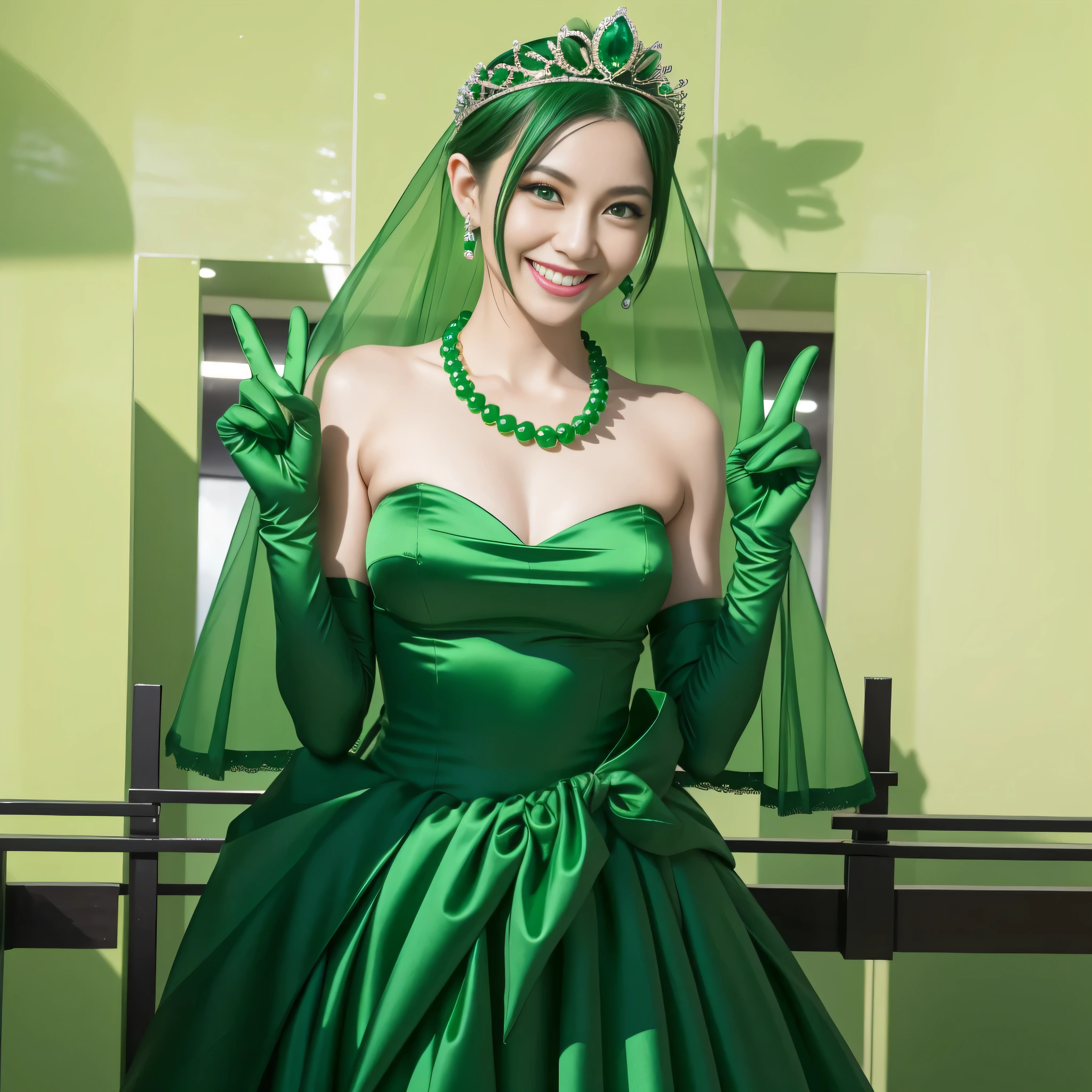 Emerald tiara, Green Pearl Necklace, Boyish very short green hair, lipstick, Smiling Japanese woman, Very short hair, Big tits beautiful, Green Eyes, Long green satin gloves, Green Eyes, v sign, Emerald Earrings, Green Veil