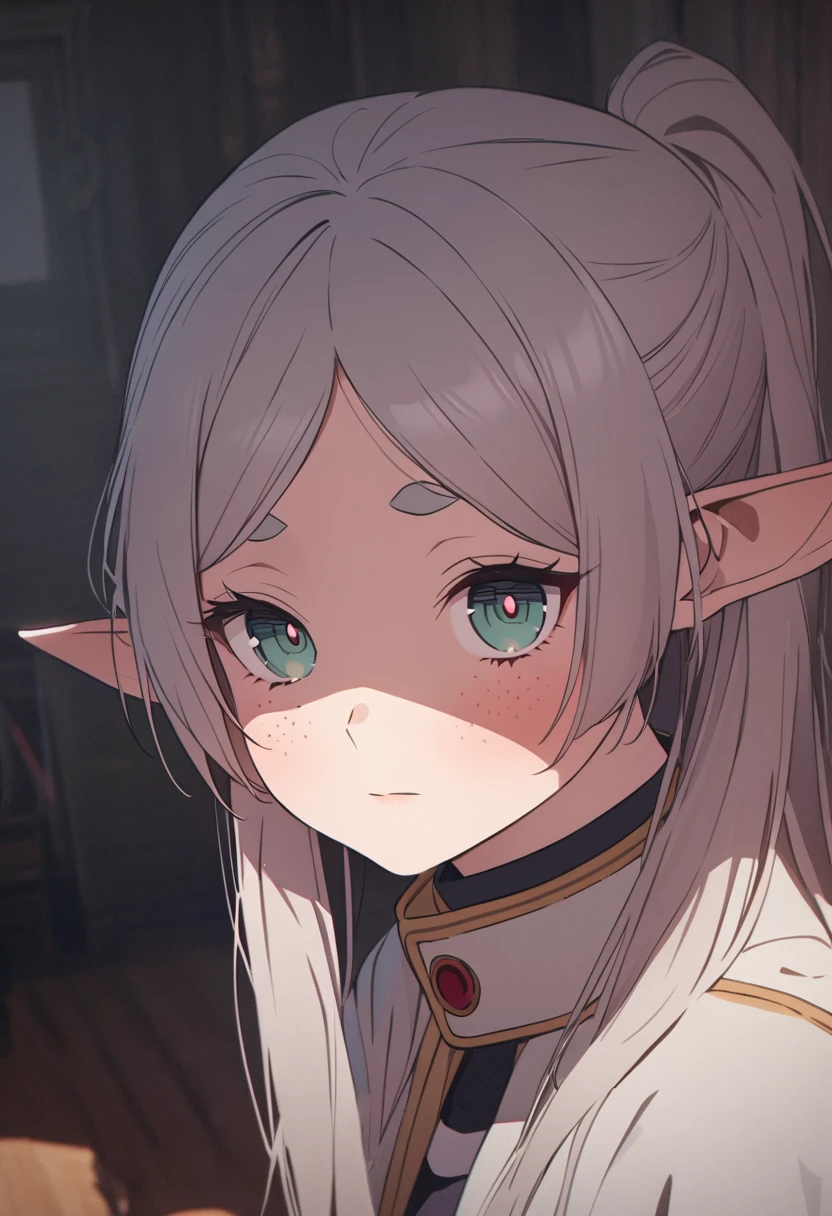 (8k, RAW photo, highest quality), beautiful girl, close up, dress, (detailed eyes:0.8), Frieren , elf ears, silver hair, (highest quality), (best shadow), intricate details, interior, ginger hair:1.3, dark studio, muted colors, freckle