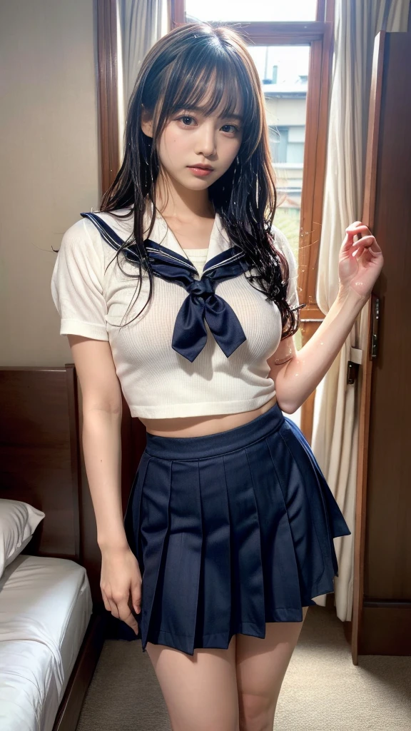 muste piece, best quality, illustration, Super detailed, fine details, High resolution, 8K,wall paper, perfect dynamic composition,(Details High quality, realistic depiction of eyes:1.3), (wavy hair:1.2), (Black Sailor Uniform, serafuku, Navy pleated skirt), (nup, see through, wet:1.2), huge breasts, black hair color, Big Natural Color Lip, bold sexy pose, crying a little、cold gaze, Harajuku style、20 year old girl、cute type、ta、beautiful legs, hotel room, full body photo、focus on crotch, hposing Gravure Idol